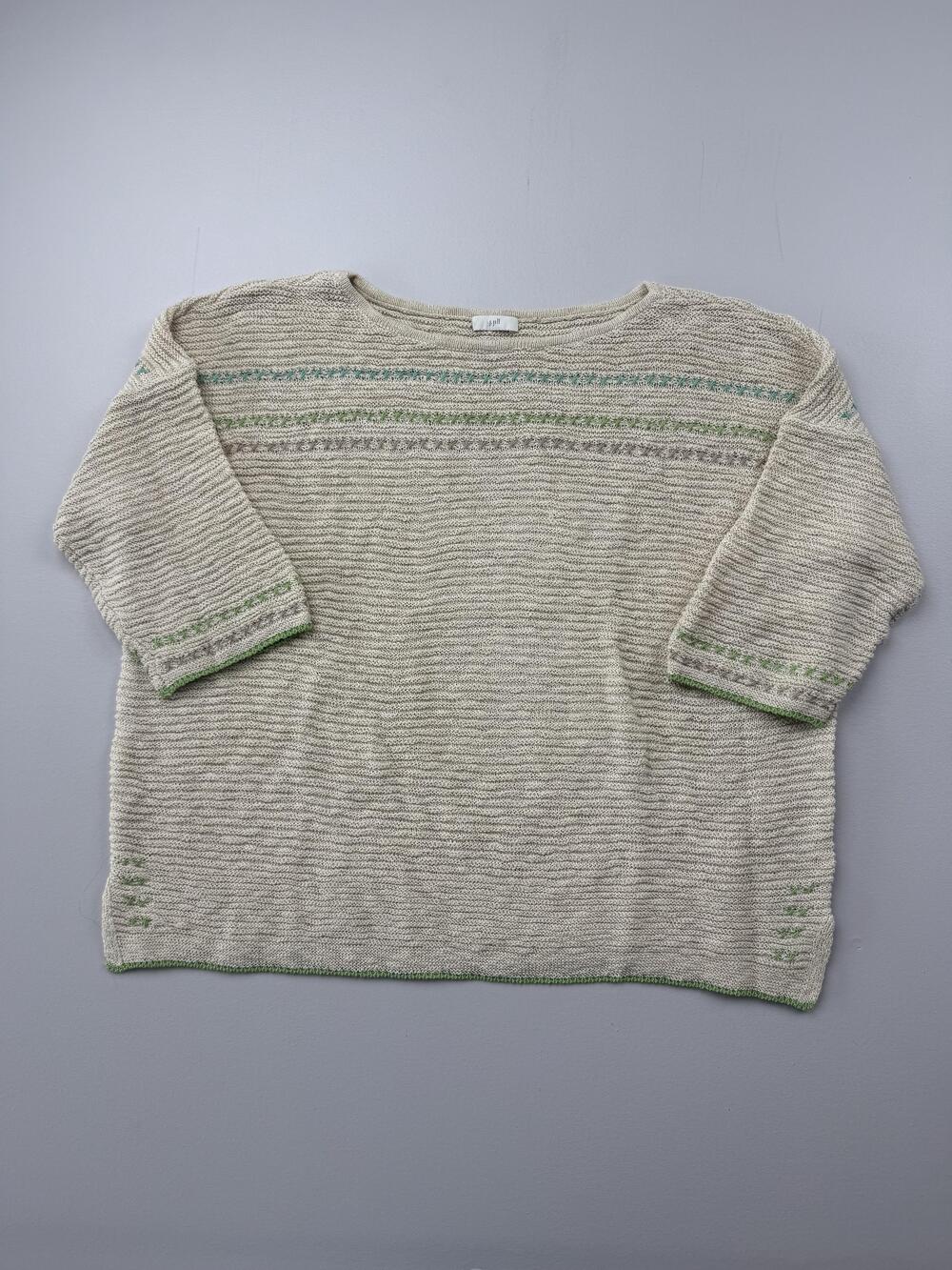 J. Jill Sweater Womens Beige Stripe Boat Neck 3/4 Sleeve Open Knit Pullover Read
